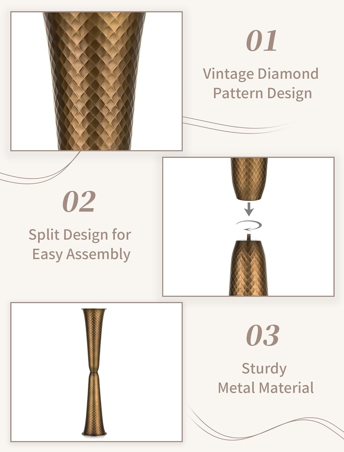 Sziqiqi Gold Tall Floor Vase: 29.5in Bronze Metal Large Vase with Grid Texture - Decorative Floor Vases for Fireplace Living Room Modern Big Standing Holder for Dining Bedroom Home Decor Corner
