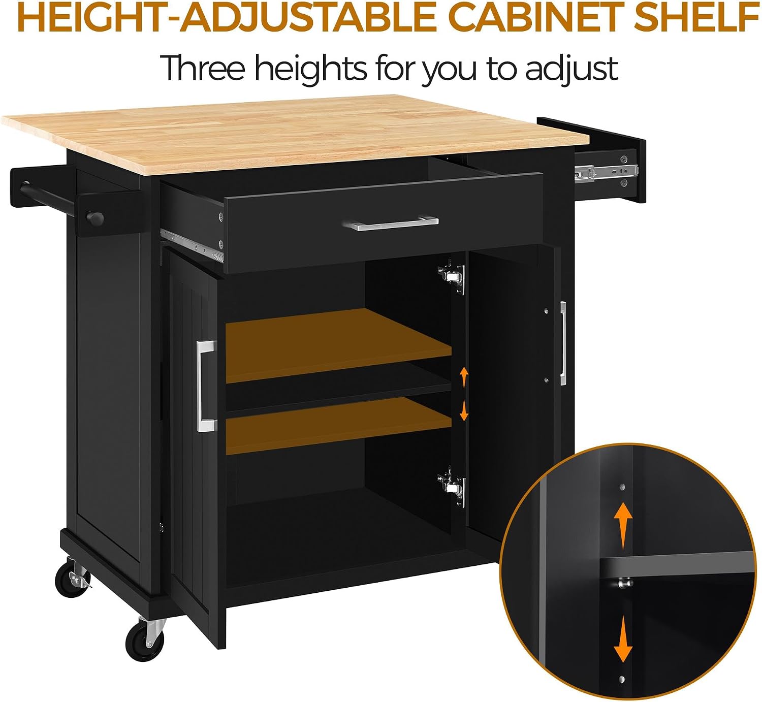 Yaheetech Rolling Kitchen Island Cart with Drop Leaf, Portable Rubberwood Breakfast Bar with Storage Cabinet, Open Shelves & Detachable Towel, 2 Drawers, Black