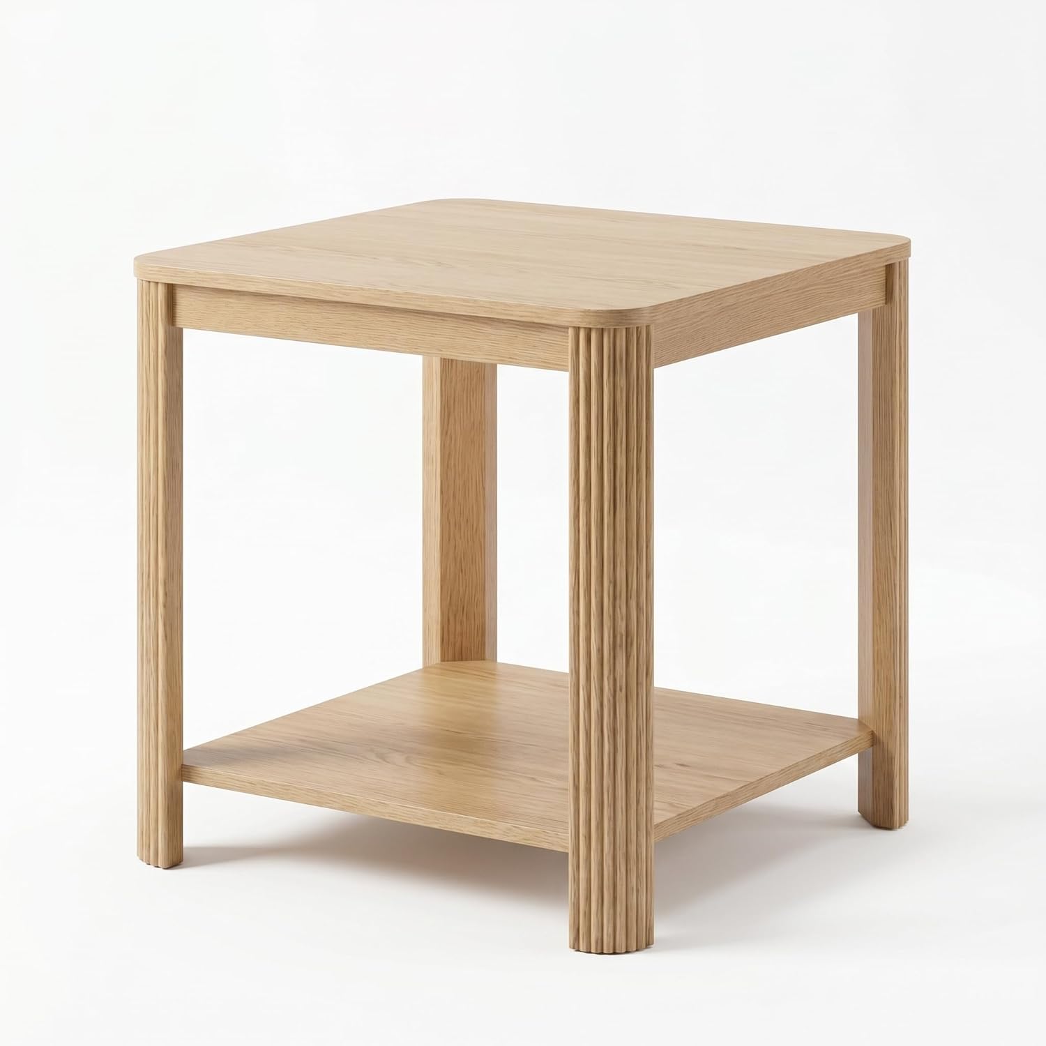 2-Tier Boho Side Table, 22.1'' Square Rounded Corner End Table with Vertical Wave Grain Legs, Oak Nightstand for Living Room Bedroom Home Office Small Spaces