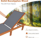 Tangkula Wood Lounge Chair Outdoor Set of 2, Patio Chaise Lounger with 5 Position Adjustable Back, Eucalyptus Wood Reclining Lounge Chair with Breathable Fabric for Poolside Lawn Backyard (Grey)