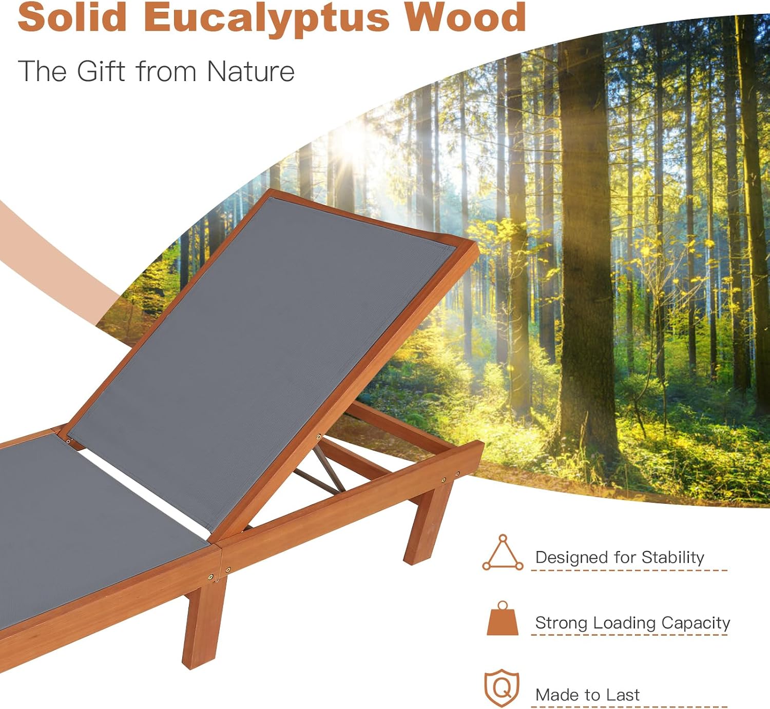 Tangkula Wood Lounge Chair Outdoor Set of 2, Patio Chaise Lounger with 5 Position Adjustable Back, Eucalyptus Wood Reclining Lounge Chair with Breathable Fabric for Poolside Lawn Backyard (Grey)