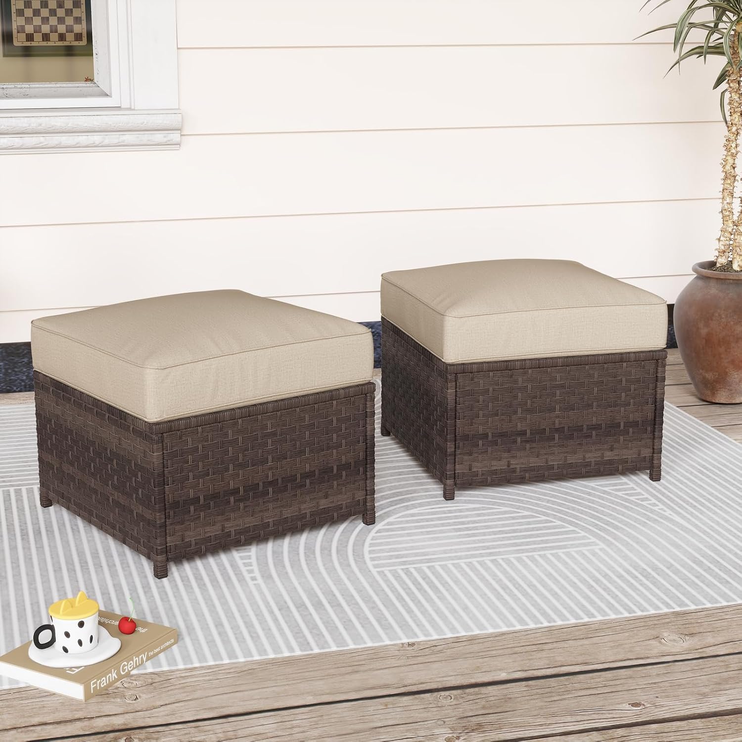 SUNSITT Outdoor Patio Ottoman Set of 2, All Weather Rattan Outdoor Ottoman Set, Brown Wicker Footstool Ottoman Footrest Seat w/Olefin Beige Cushions for Balcony, Porch and Deck