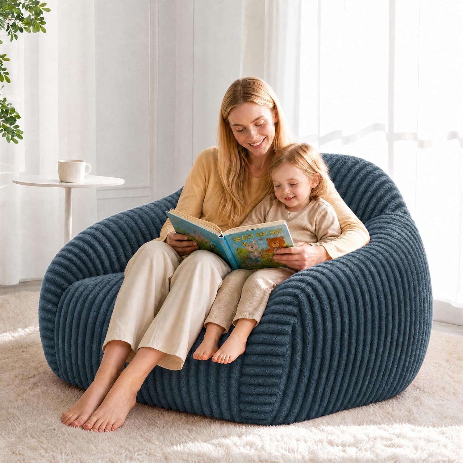 Bean Bag Chair with Armrests, Comfy Corduroy Bean Bag with Removable Cover, Handle for Adults, Oversized Floor Beanbag Couch for Living Room Bedroom Dorm (XL-Blue)
