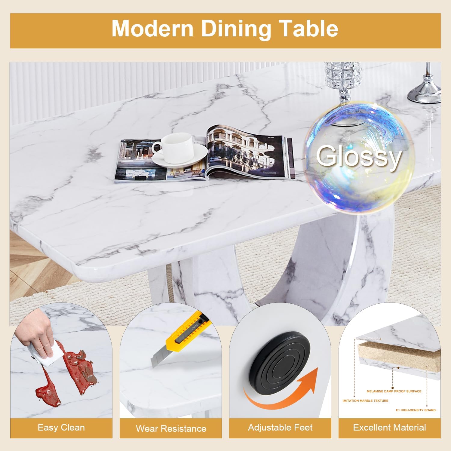 63" Dining Table Set for 6, White Faux Marble Table with 6 PU Leather Upholstered Chairs, Modern Rectangle Kitchen Table & 6 Seater Dining Room Furniture Set for Family Gatherings