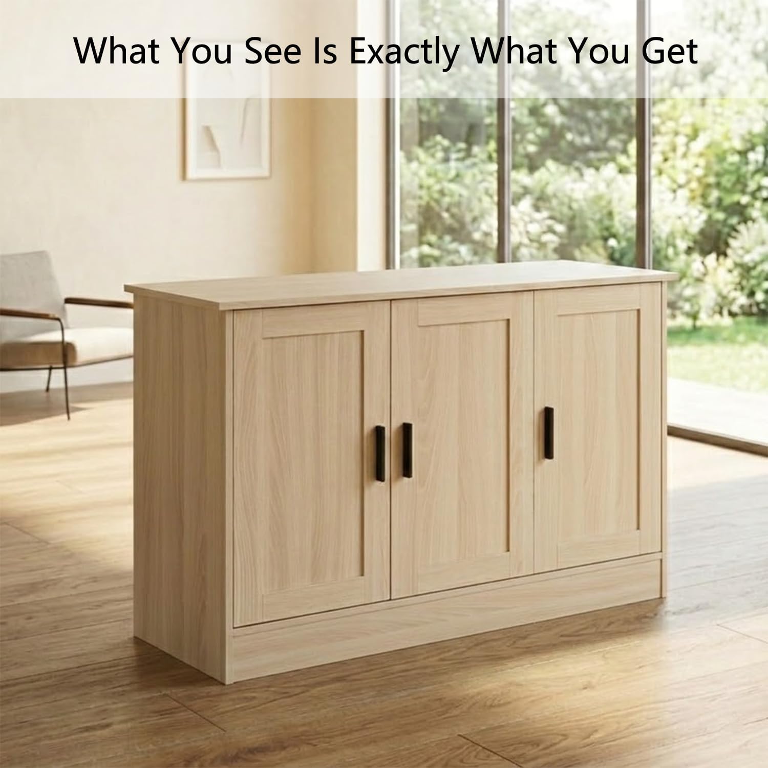 Anystyle 43" Oak Buffet Cabinet with Black Handles, Small Kitchen Sideboard with 3 Doors & Adjustable Shelves, Modern Entryway Credenza & TV Console Table for Living Room, Dining Room
