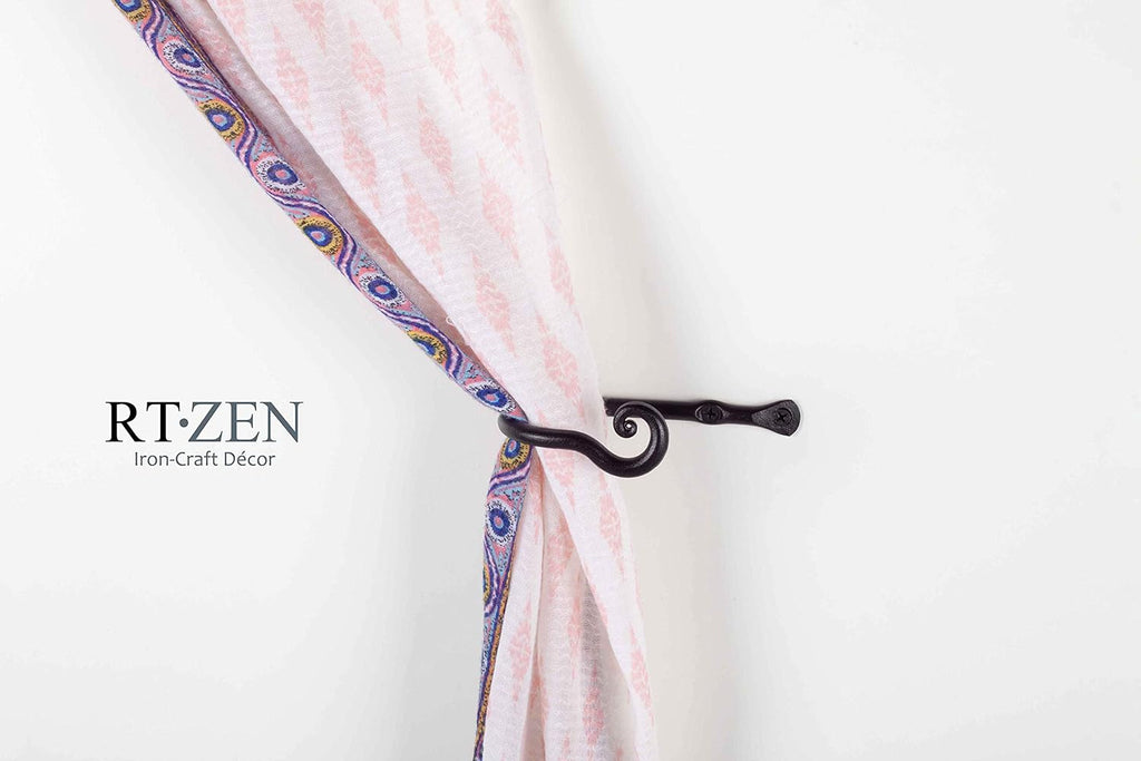 RTZEN Decorative Metal Curtain Tiebacks - Farmhouse Wrought Iron Curtain Holdbacks - Drapery Holders for Wall - Unique Metal Tie Backs for Curtains - 2 Pcs (Black Classic)