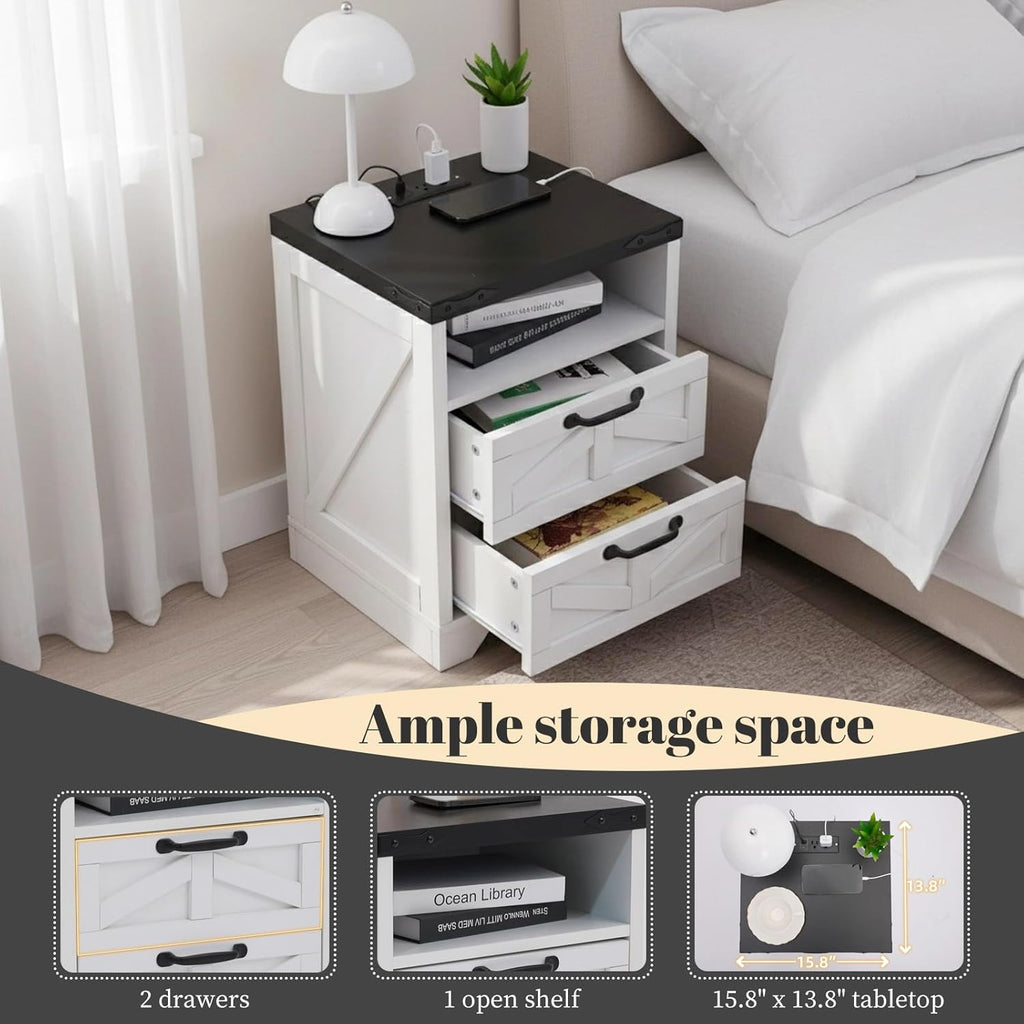 IDEALHOUSE Farmhouse Nightstand with Charging Station & 2 Drawers, Industrial Style White Bedside Table, Sturdy Engineered Wood