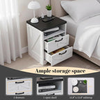 IDEALHOUSE Farmhouse Nightstand with Charging Station & 2 Drawers, Industrial Style White Bedside Table, Sturdy Engineered Wood