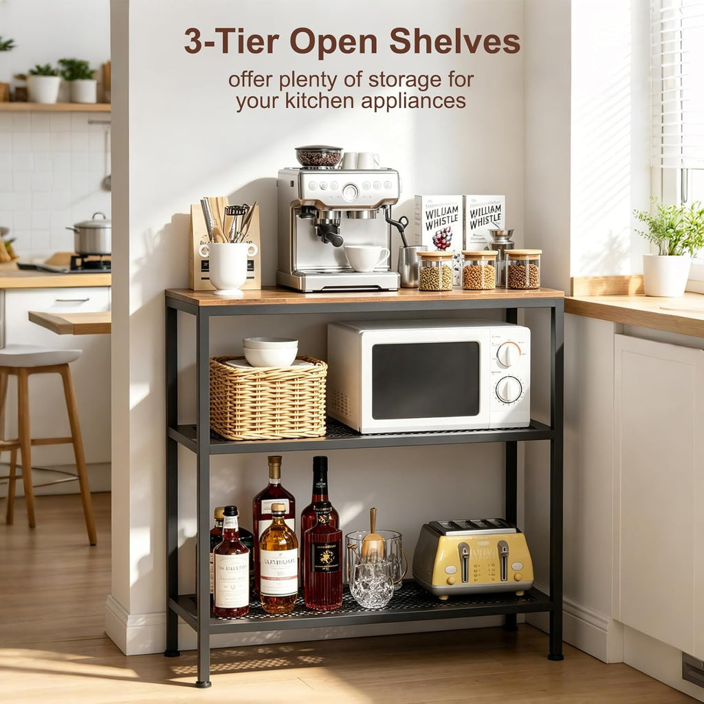 Kitchen Island with 3 Tier Storage, Height-Adjustable Kitchen Shelf, Microwave Stand for Dining, Sturdy Metal Frame, 30.7" L x 13.77" D x 31.51" H,Rustic Brown and Black