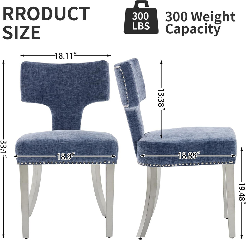 Shenyon Mid Century Modern Dining Chairs Set of 6, Chenille Fabric Upholstered Dining Room Chairs Curved Backrest with Nailhead Trim, Kitchen Chairs with Silver Stainless Steel Legs, Blue