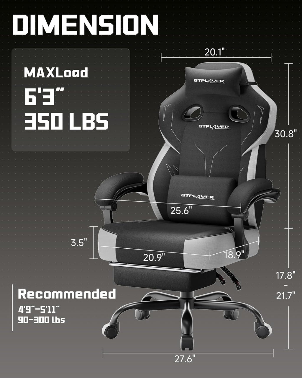 GTPLAYER Big & Tall Gaming Chair, 90°-155° Adjustable Reclining Office Seat with Footrest, Ergonomic Comfy Computer Desk Chair for Adults, Home Office Gaming Study Use, Black