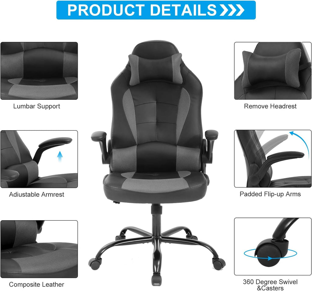 Meet Perfect Gaming Chair Ergonomic Office Desk - Leather Computer Chair With Lumbar Support and Head Pillow - Modern Executive Adjustable Rolling Swivel Task Chair for Home Office, Grey
