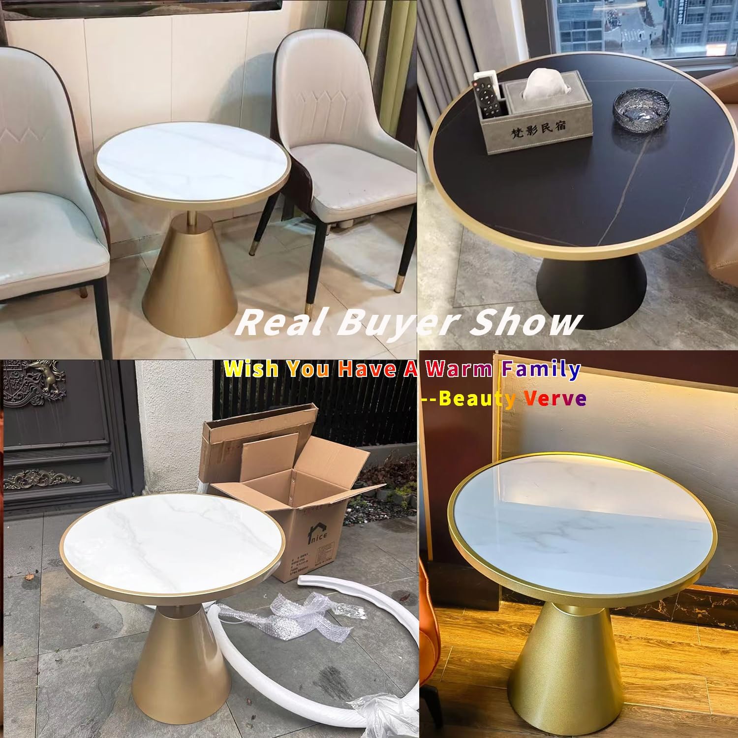 BeautyVerve Rock Plate Side Tables for Living Room, Modern Small Round Coffee Table with Like-Marble Hard Top, Metal Base, Outdoor End Table for Patio Bedroom, Corner Desk, 27.6 Inches Diameter