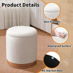 Joveco Round Storage Ottoman with Removable Lid, Boucle Small Upholstered Padded Vanity Foot Rest Stool for Living Room, Bedroom, Dorm, White with Oatmeal Wood Grain Trim
