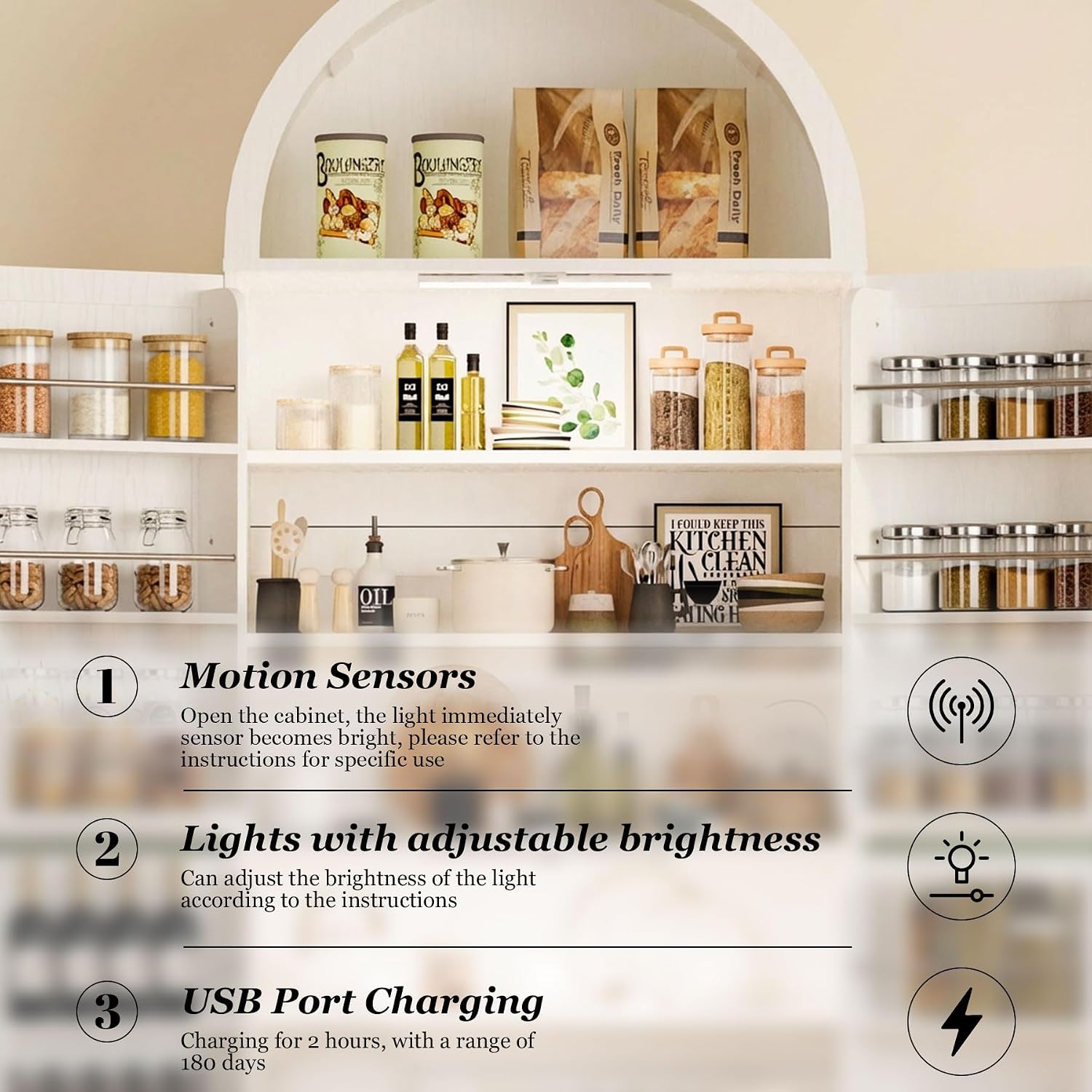 70" Tall Arched Pantry Cabinet, Kitchen Cupboard with Barn Doors, Adjustable Shelves & 3-Color Human Sensor LED Lights for Kitchen/Living Room, White