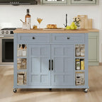DWVO Rolling Kitchen Island with Drop Leaf, Mobile Storage Islands with Power Outlet Foldable Tabletop, 2 Drawers and Open Shelves, for Living Room, Dining Room, Blue Gray