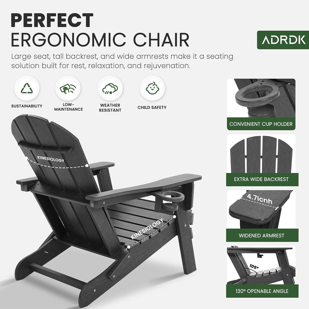 Folding Adirondack Chair with Cup Holder, HDPE All-Weather Folding Patio Chair, Outdoor Patio Adirondack Chair for Lawn Porch Garden Backyard Deck Fire Pit, Gray