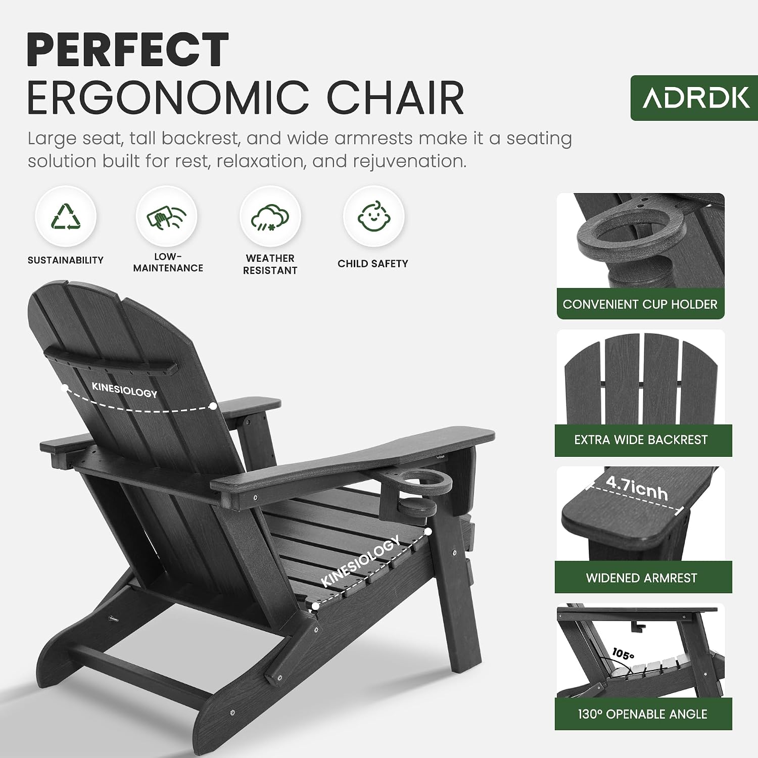 Folding Adirondack Chair with Cup Holder, HDPE All-Weather Folding Patio Chair, Outdoor Patio Adirondack Chair for Lawn Porch Garden Backyard Deck Fire Pit, Gray