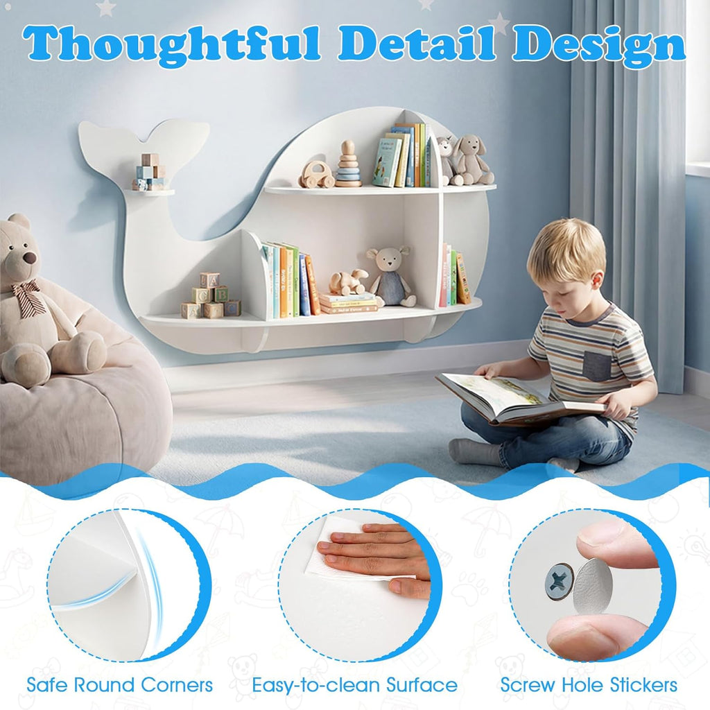 GLACER Wall Mounted Kids Bookshelf, Whale-Shaped Floating Bookshelf with 6 Open Shelves & 2 Tier Floating Wall Shelf, Wooden Nursery Bookshelf for Kid’s Room Bedroom Living Room Reading Corner