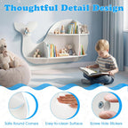 GLACER Wall Mounted Kids Bookshelf, Whale-Shaped Floating Bookshelf with 6 Open Shelves & 2 Tier Floating Wall Shelf, Wooden Nursery Bookshelf for Kid’s Room Bedroom Living Room Reading Corner