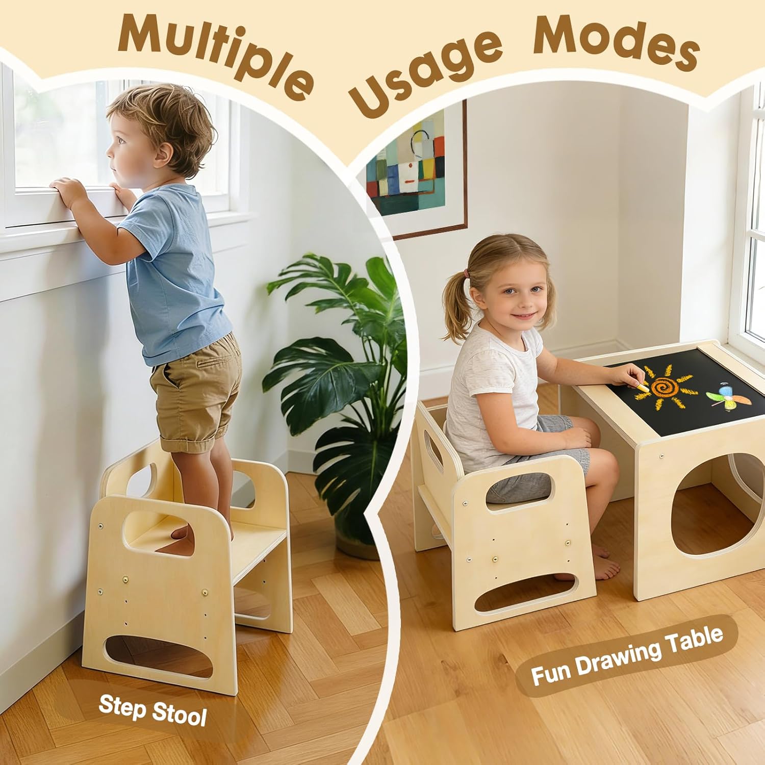 GVOO Montessori Weaning Table and Chair Set, 3 Adjustable Height Toddler Table and Chair Set with Drawing Board, for Eating, Playing and Reading, Baby Proofing Design, Gifts for Kids