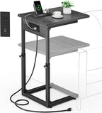 Vagusicc C Shaped End Table with Charging Station, 33" Tall Side Table for Couch, Adjustable Height C Table End Table, Couch Table Slide Under Sofa Table TV Tray Table for Living Room, Gray Walnut