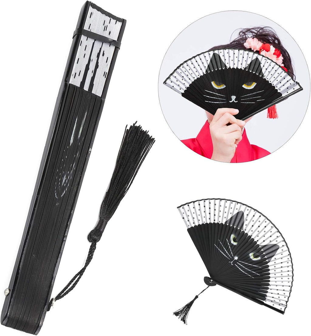 Cat Folding Fan, Japanese Style Hand Held Painted Bamboo Fan with Fluent Opening Closing Sound, for Dancing Wedding Party Gift