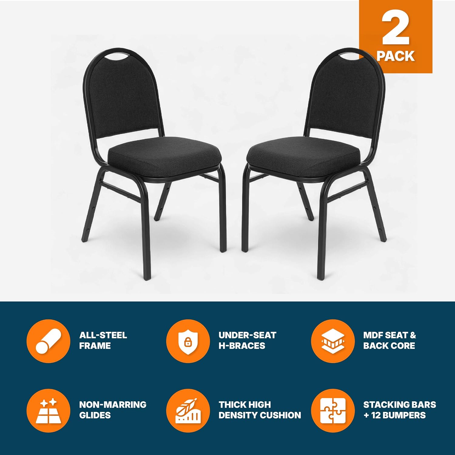 OEF Furnishings OEF9260-BT/2 Commercial-Grade Dome Back Banquet Stack Chair (Black Fabric, Black Powder-Coated Frame, 2-Pack)