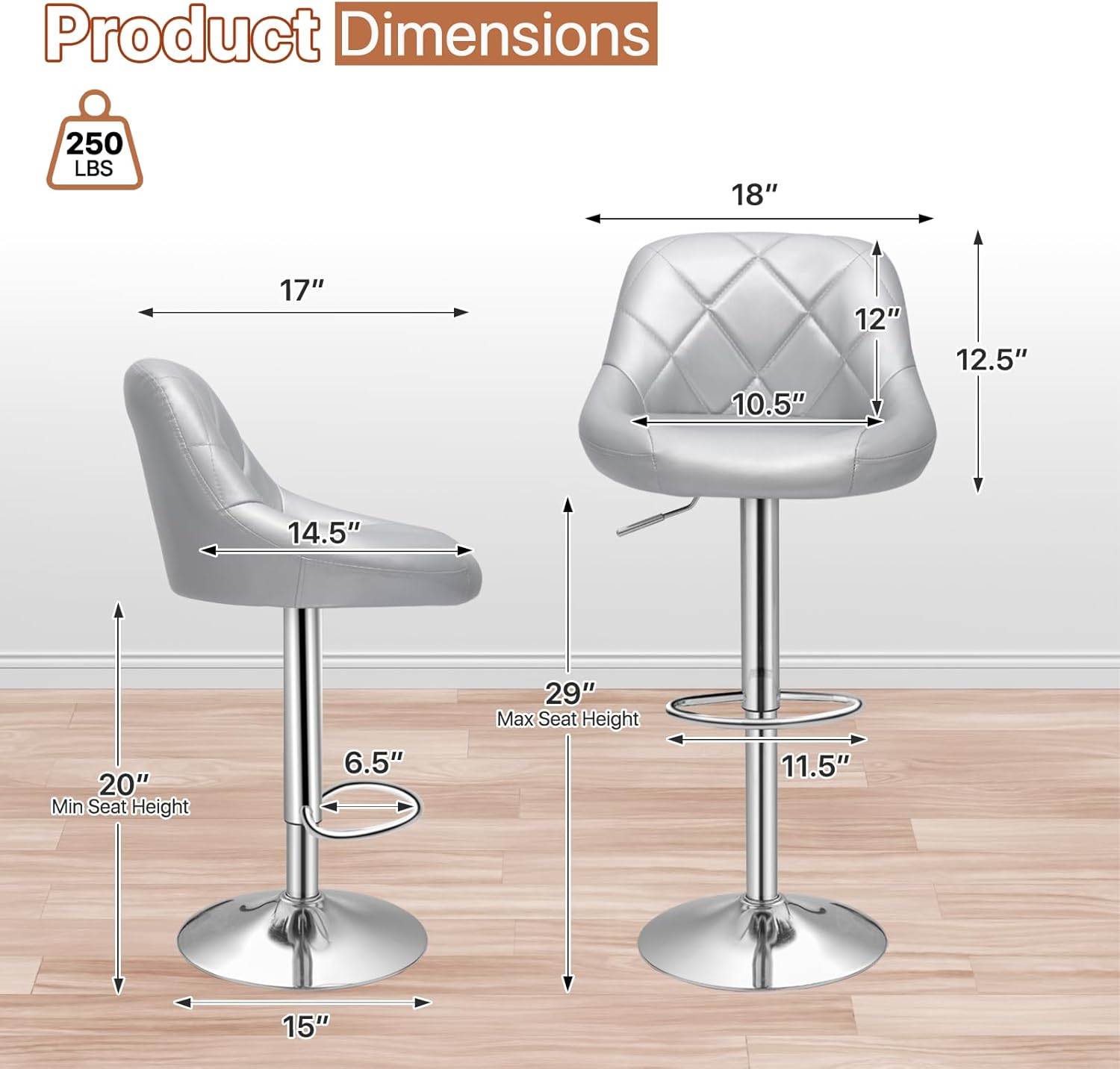 Magshion Bar Stools Set of 2, Swivel Counter Height Bar Stools, Modern Island Chair with Back and Footrest for Kitchen Dining Room, Silver