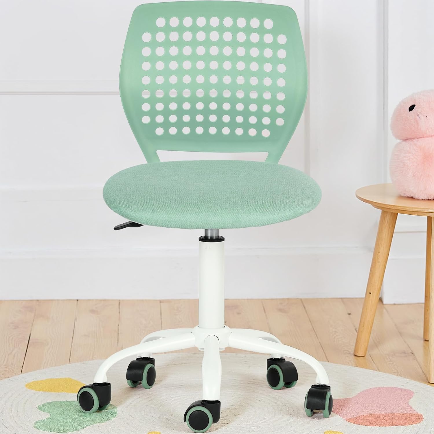 FurnitureR Armless Desk Chair with Wheels, Ergonomic Adjustable Height Swivel Task Chair with Breathable Back and Padded Seat, Rolling Study Computer Seating for Kids Teens, Mint Green