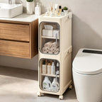 2-Tier Slim Narrow Bathroom Storage Cabinet, Cream White | Tool Free Assembly, Adjustable shelves, Fits for Narrow Spaces, Lockable Wheels, Magnetic Clear Door
