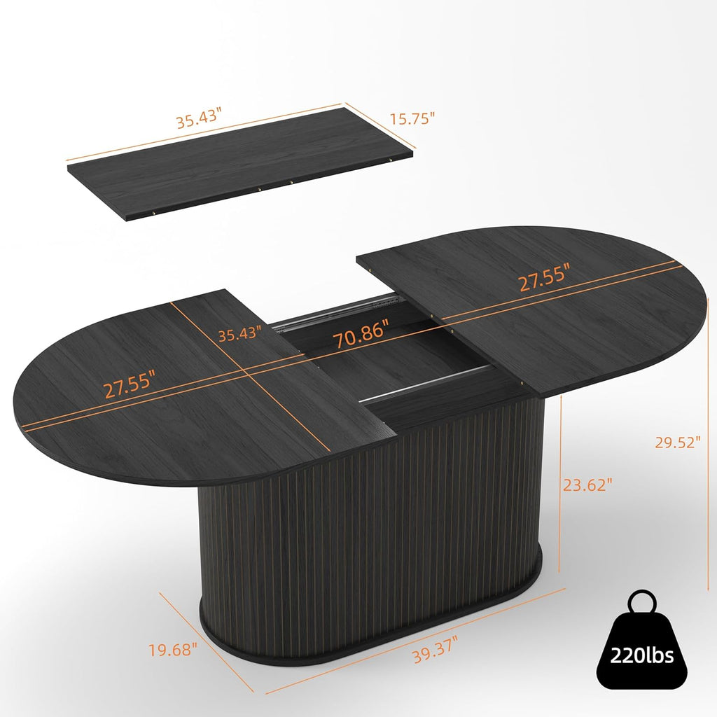 WILLIAMSPACE 70.86" Oval Extendable Dining Table with Striped Legs for 6 to 8, Modern Wooden Kitchen Table with Extension Leaves, Mid Century Dining Room Table, Easy Assemble (55.11"-70.86", Black)