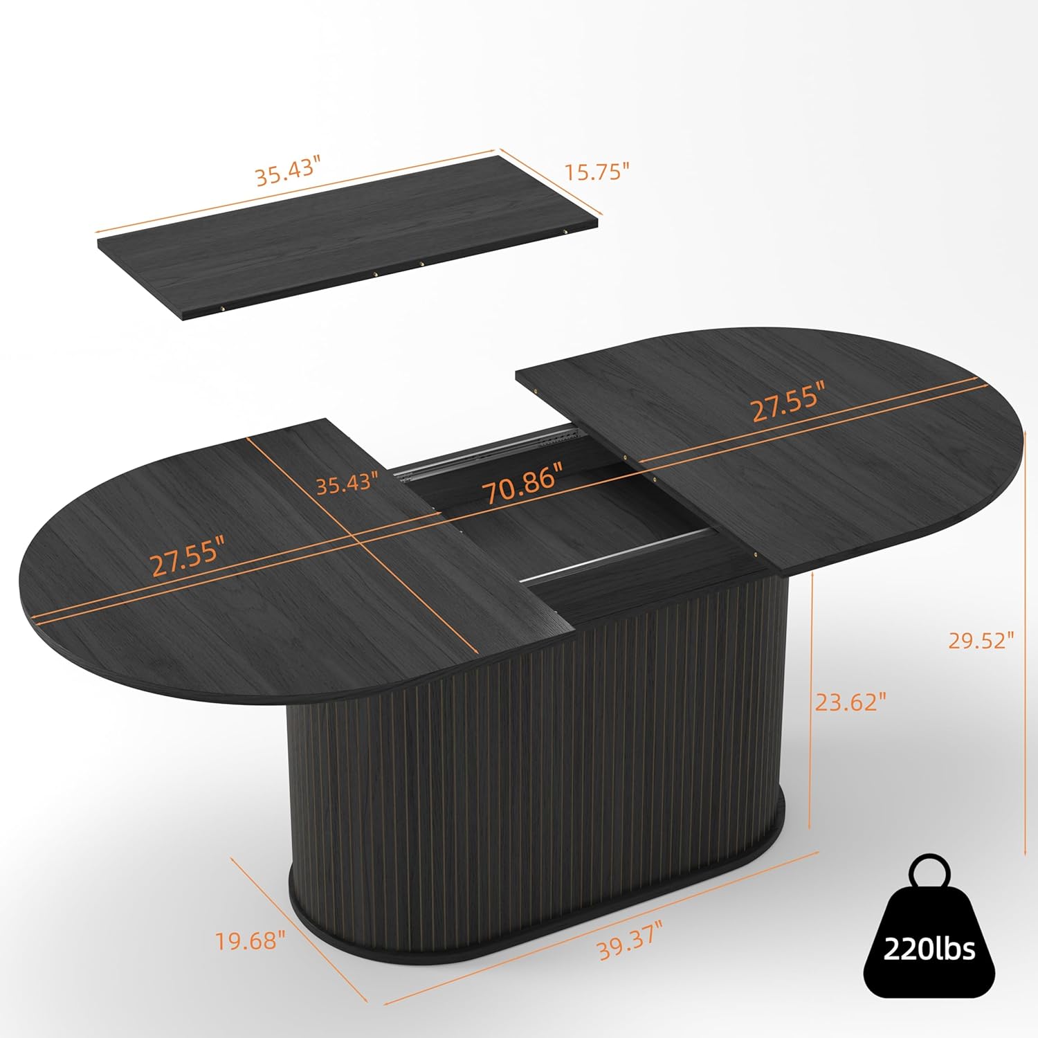 WILLIAMSPACE 70.86" Oval Extendable Dining Table with Striped Legs for 6 to 8, Modern Wooden Kitchen Table with Extension Leaves, Mid Century Dining Room Table, Easy Assemble (55.11"-70.86", Black)