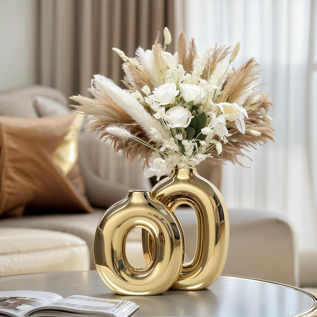 Gold Ceramic Vase Set Home Decor,Round Donut Vase for Pampas Grass for Shelf Decor Home,Nordic Modern Oval Vase for Bookshelf,FireplaceMantle,Centerpieces,Farmhouse,Rustic Décor
