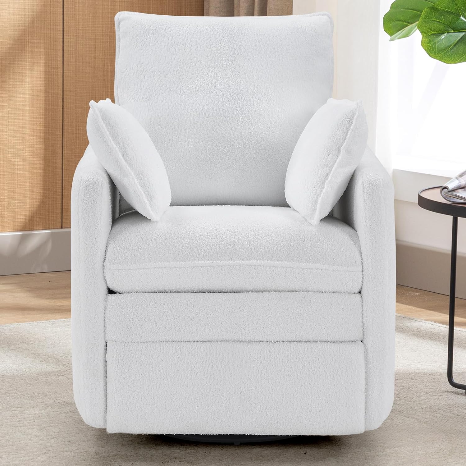 CANMOV Swivel Rocker Recliner Chair, Teddy Upholstered Nursery Glider Chair, Manual Reclining Chair with Two Removable Pillows for Living Room (White)