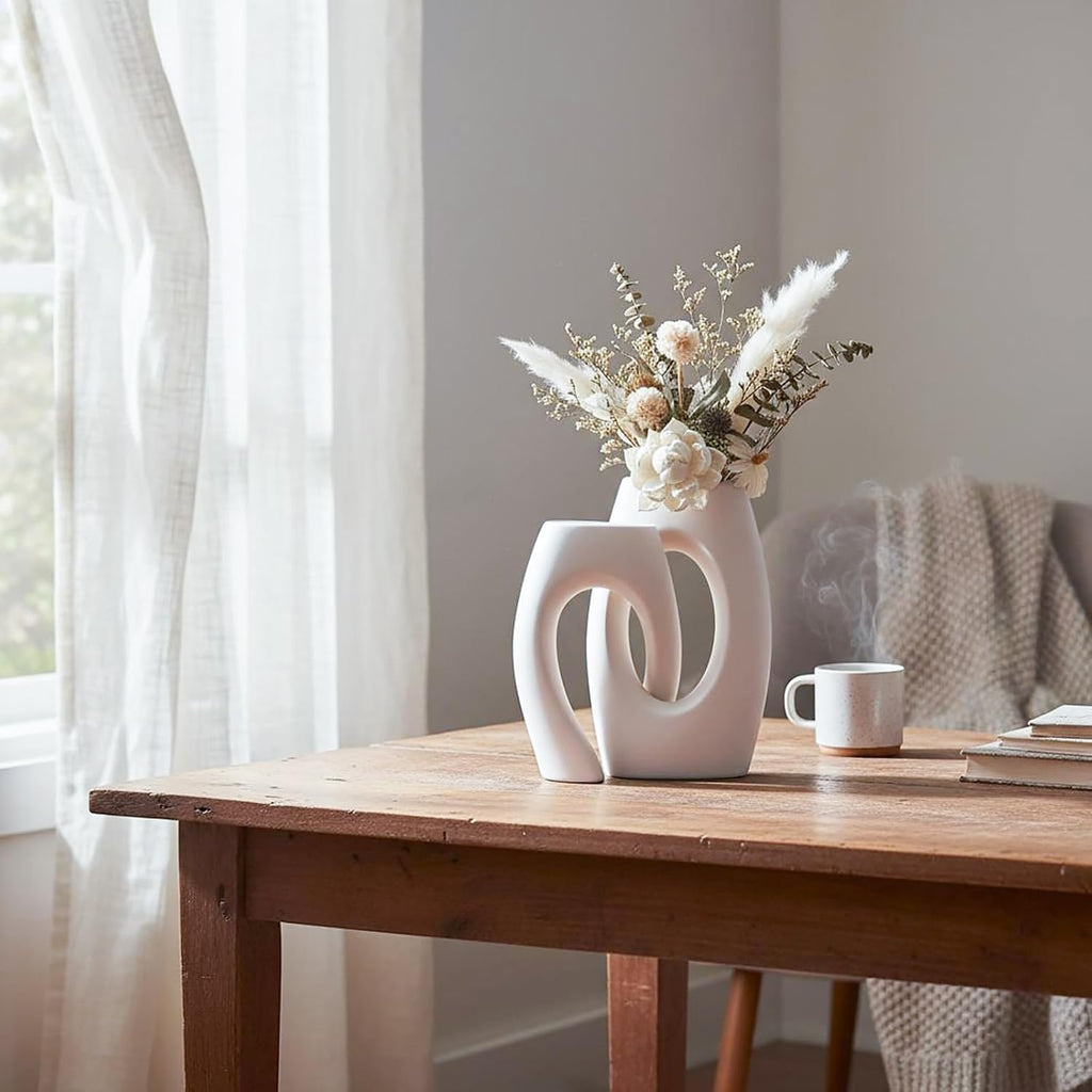 Ceramic Vase Set of 2 by DecoVlog, White Hollow Living Room Decor Vase, Minimalist Decorative Modern Boho Vase for Table Centerpiece Wedding Dining Living Room Office House Decoration