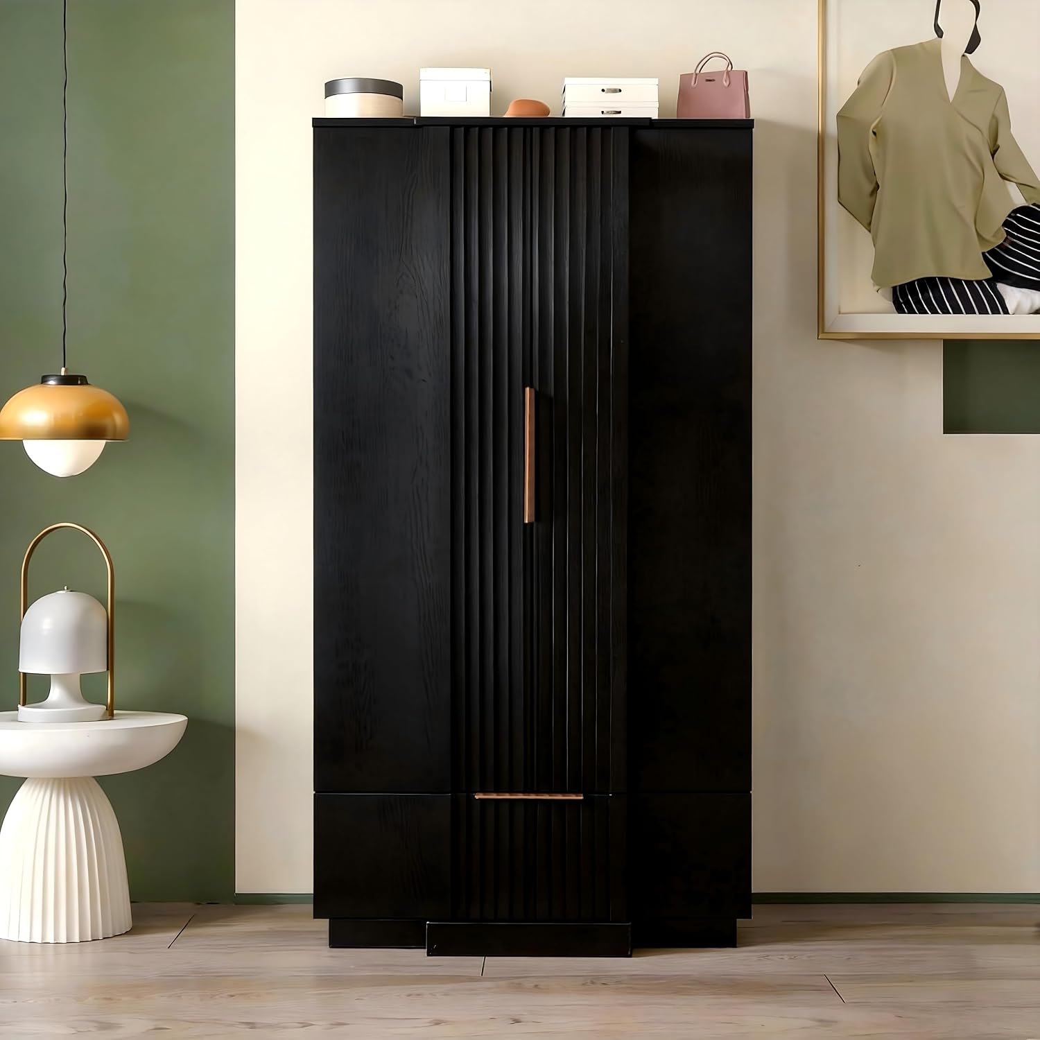 Brafab 67" Fluted Armoire Wardrobe Closet with Drawers, Black Cabinet | Removable Hanging Rods, Adjustable Shelves, Soft-Close Hinges, Large Capacity, Clothes Organizer for Bedroom, Cloak Room
