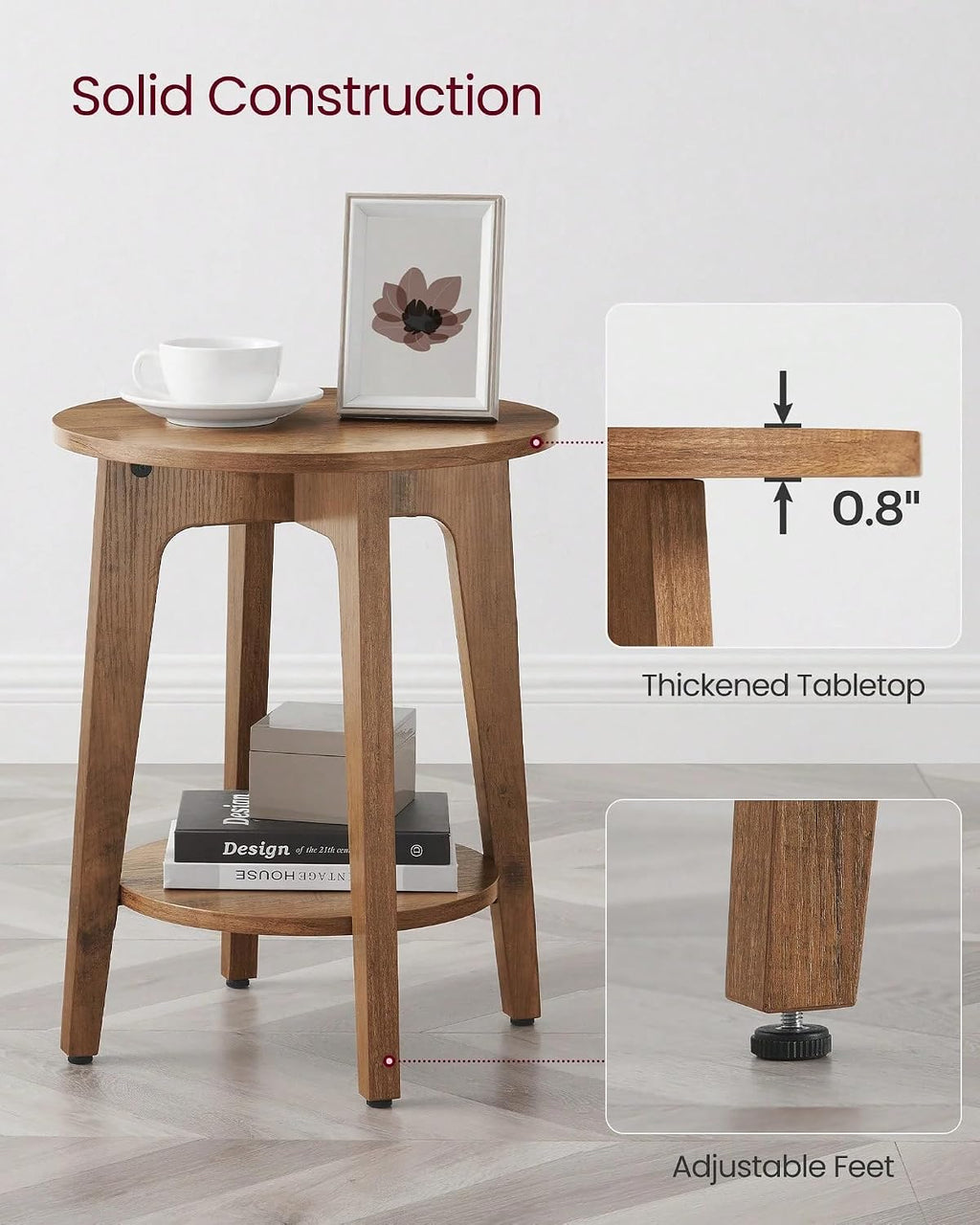 Round End Table with Lower Shelf, Particleboard, Grey and Brown, 15.8x19.7 Inch, 2-Tier Storage, Modern Style, Space-Saving Nightstand