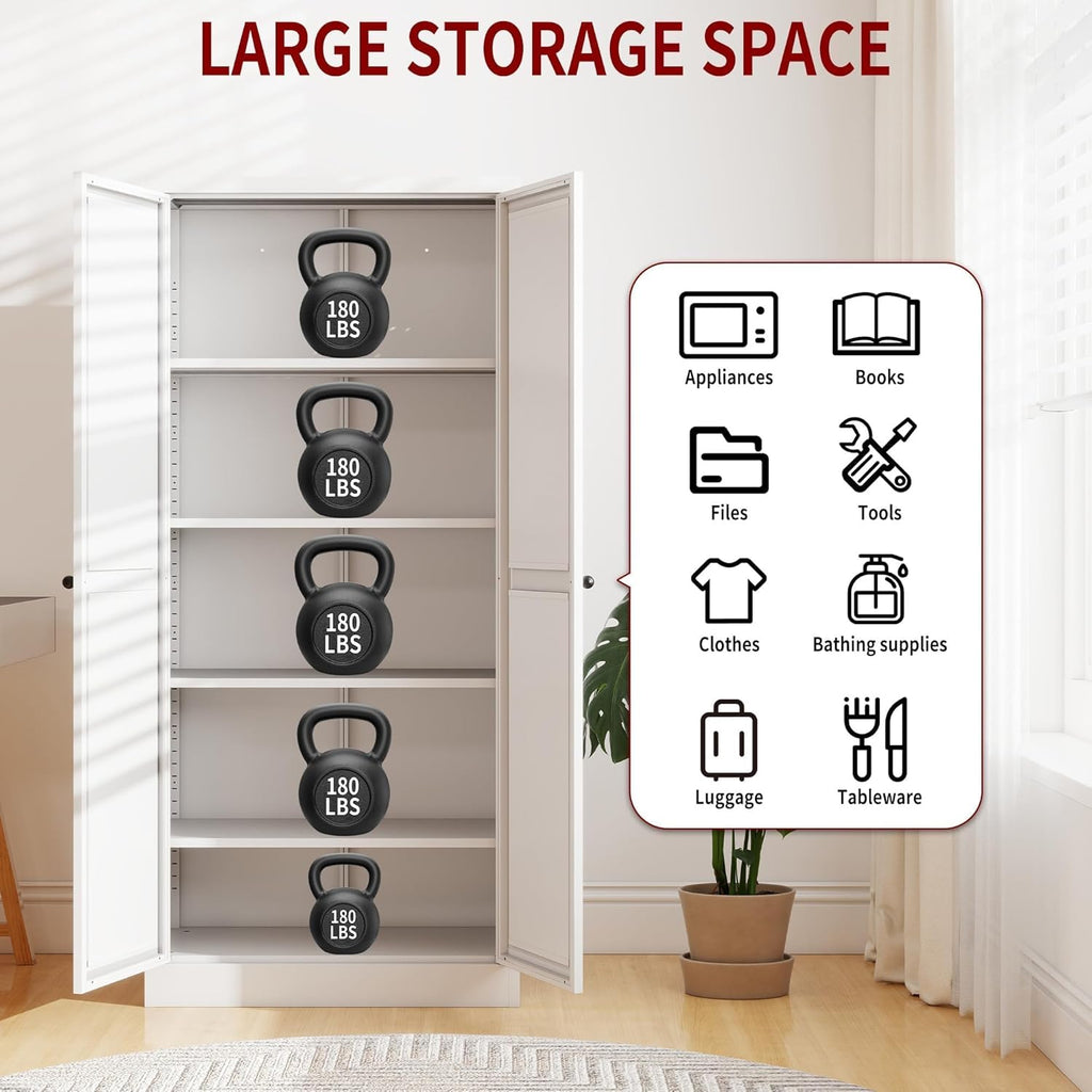 AQY Kitchen Pantry Cabinet,61" White Pantry Storage Cabinet with 4 Tier Adjustable Shelves and 2 Doors,Freestanding Cupboard,Metal Pantry Cabinets with Handle for Living Room Kitchen Assembly Required