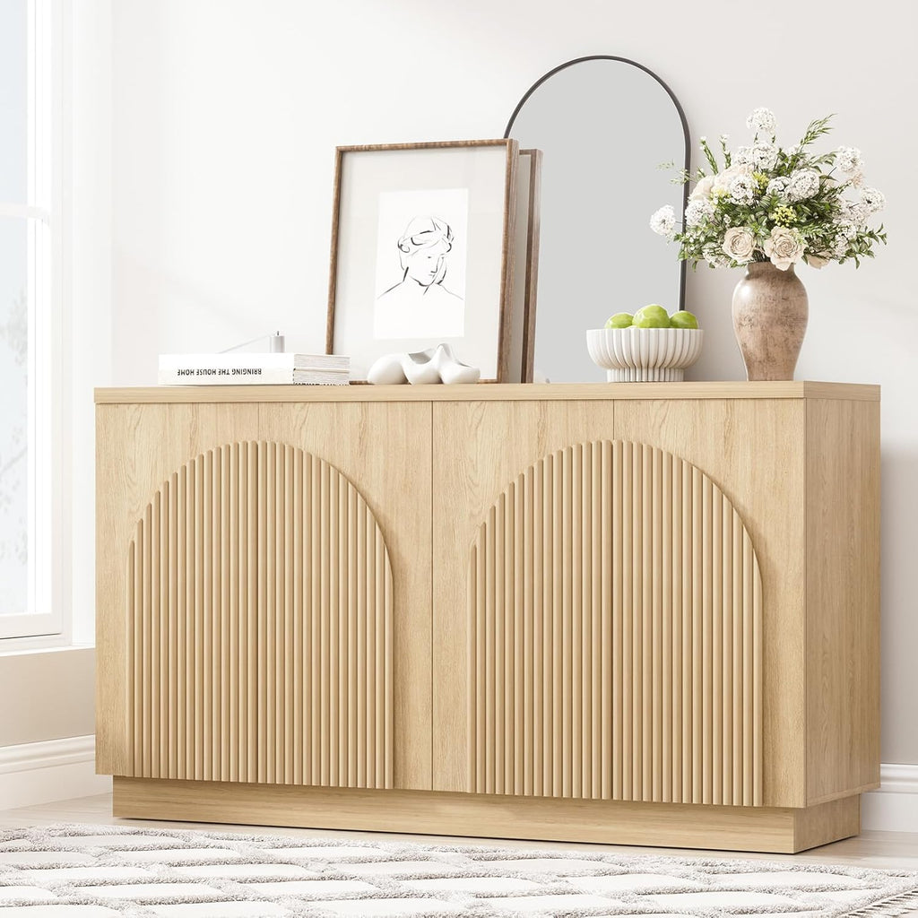 Yechen 55 Inch Fluted Sideboard Buffet Cabinet with Arched Reeded Doors, Modern Mid Century Credenza Accent Storage Cabinet with Adjustable Shelves for Living Room & Dining Room, Natural Oak Finish
