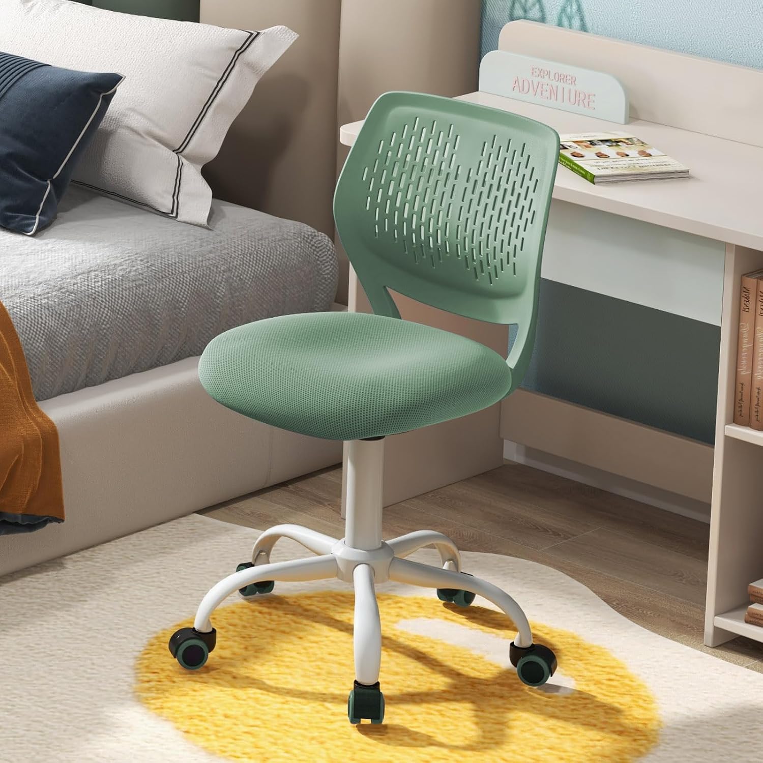 DORTALA Desk Chair for Teen, Kids Armless Swivel Small Cute Low-Back Mesh Office Chair Comfy with Adjustable Height, Lumbar Support, Ergonomic Computer Study Chair in Home Bedroom School (Sage Green)