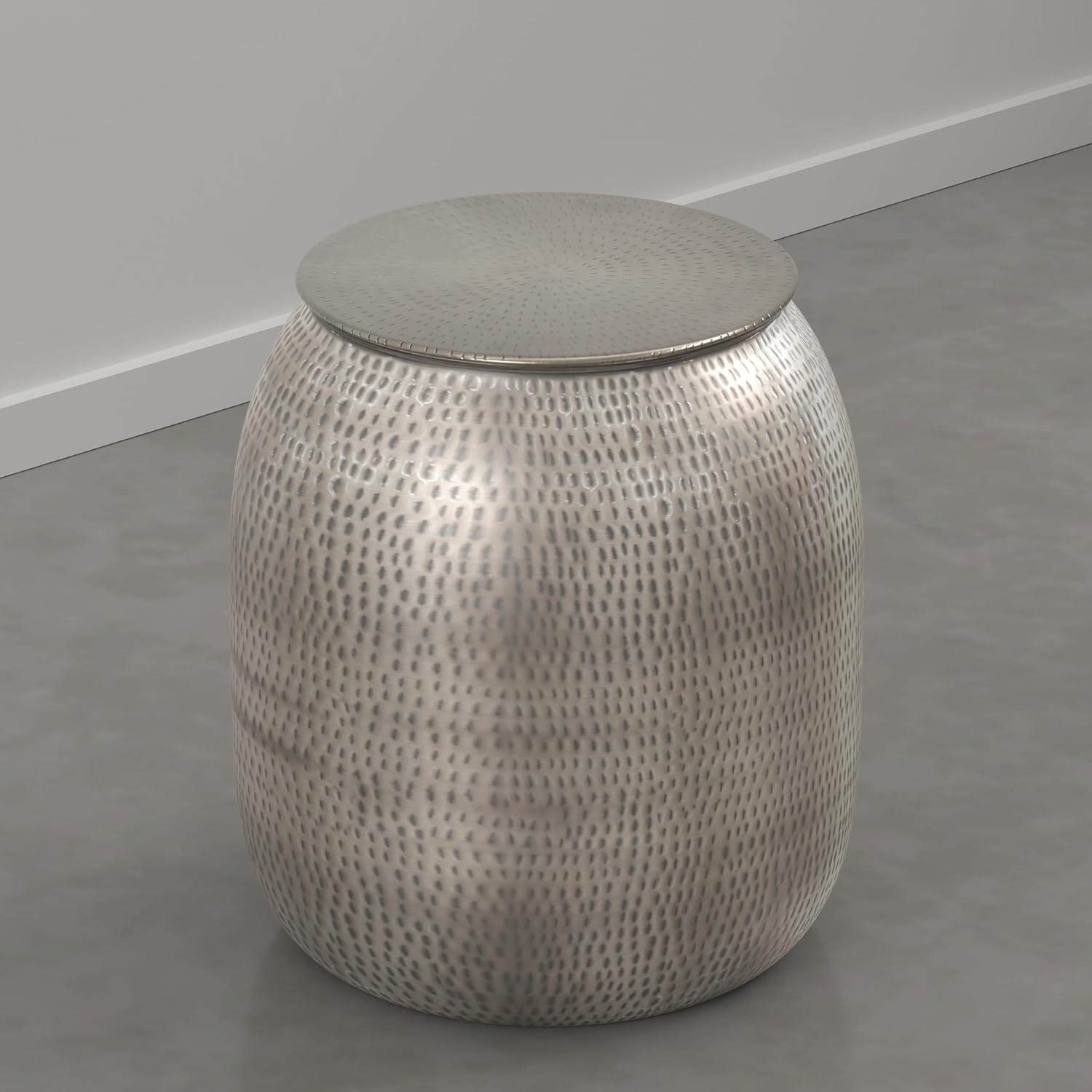 SIMPLIHOME Griffen Metal Storage Accent Table - 19 inch Wide Solid Metal Round Drum Side Table in Antique Nickel, Industrial End Table for Living Room with Hidden Storage Space, Assembled