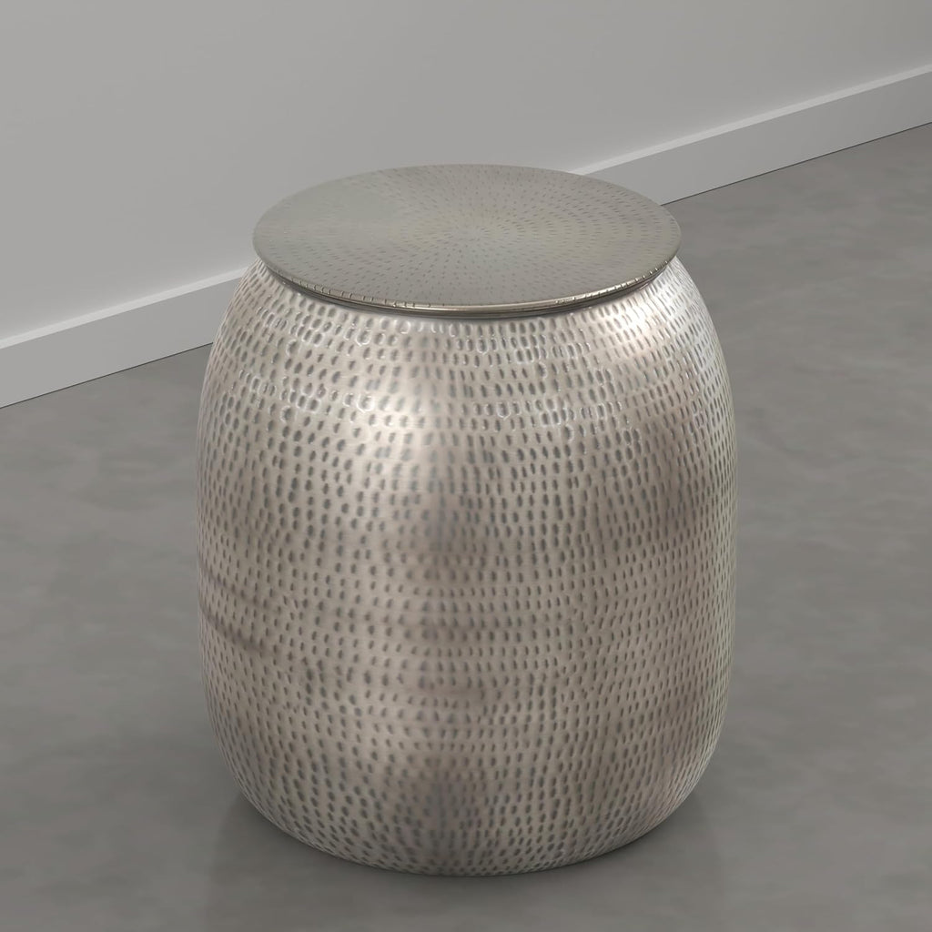 SIMPLIHOME Griffen Metal Storage Accent Table - 19 inch Wide Solid Metal Round Drum Side Table in Antique Nickel, Industrial End Table for Living Room with Hidden Storage Space, Assembled