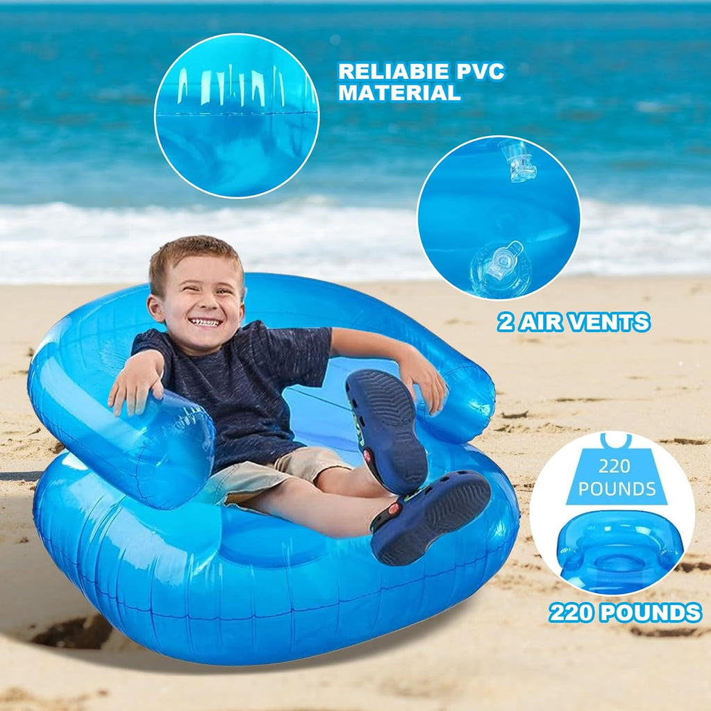Blue Sequin Inflatable Sofa Chair for Kids - 2 Pcs, 27.5x27.5x17.2 In, 200 Pounds Bearing Capacity, Portable for Camping, Beach, Pool