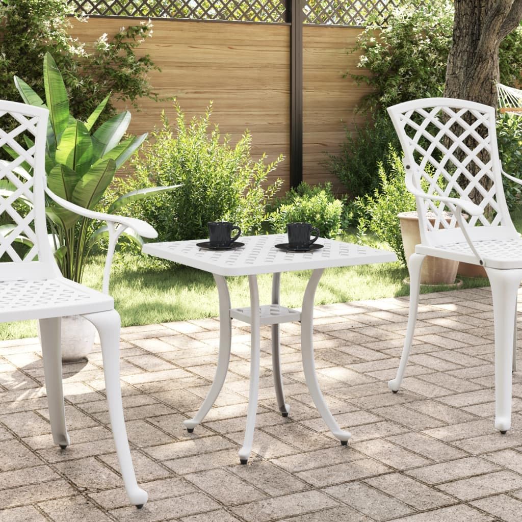 Square Garden Table, Small Outdoor Patio Table in White Cast Aluminum, Rust-Resistant Metal Bistro Table for Balcony, Porch, Deck, and Indoor Dining