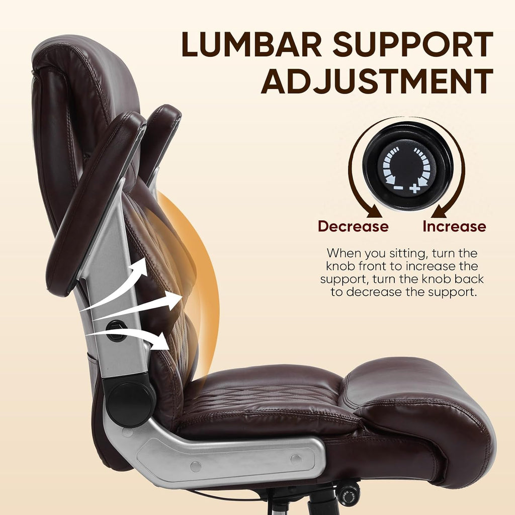 ZSQN 600 Lbs Big and Tall Office Chair, Plus Size Desk Chair with 6D Adjustable Flip Arms, Wide Comfortable Computer Chair with Adjustable Lumbar Support & Dual Rubber Wheels Brown