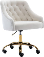 Comfy Home Office Task Chair with Wheels, Cute Modern Upholstered Velvet Seashell Back Adjustable Swivel Vanity Desk Chair, for Women, for Kids, for Girls, Living Room, Bedroom, (White)