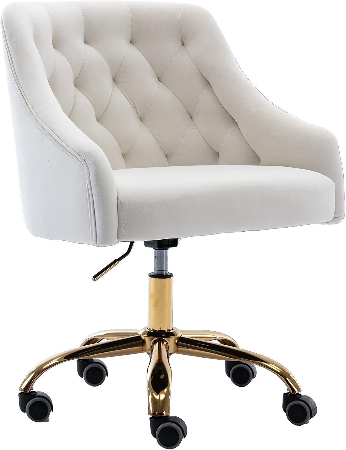 Comfy Home Office Task Chair with Wheels, Cute Modern Upholstered Velvet Seashell Back Adjustable Swivel Vanity Desk Chair, for Women, for Kids, for Girls, Living Room, Bedroom, (White)
