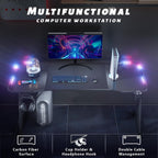 HLDIRECT 47 Inch Gaming Desk with LED Lights, Large RGB Computer Gaming Desk Table with Cup Holder Headphone Hook Mouse Pad, Ergonomic Modern Carbon Fiber Mesa Gamer Pc Work Home Office Desks, Black
