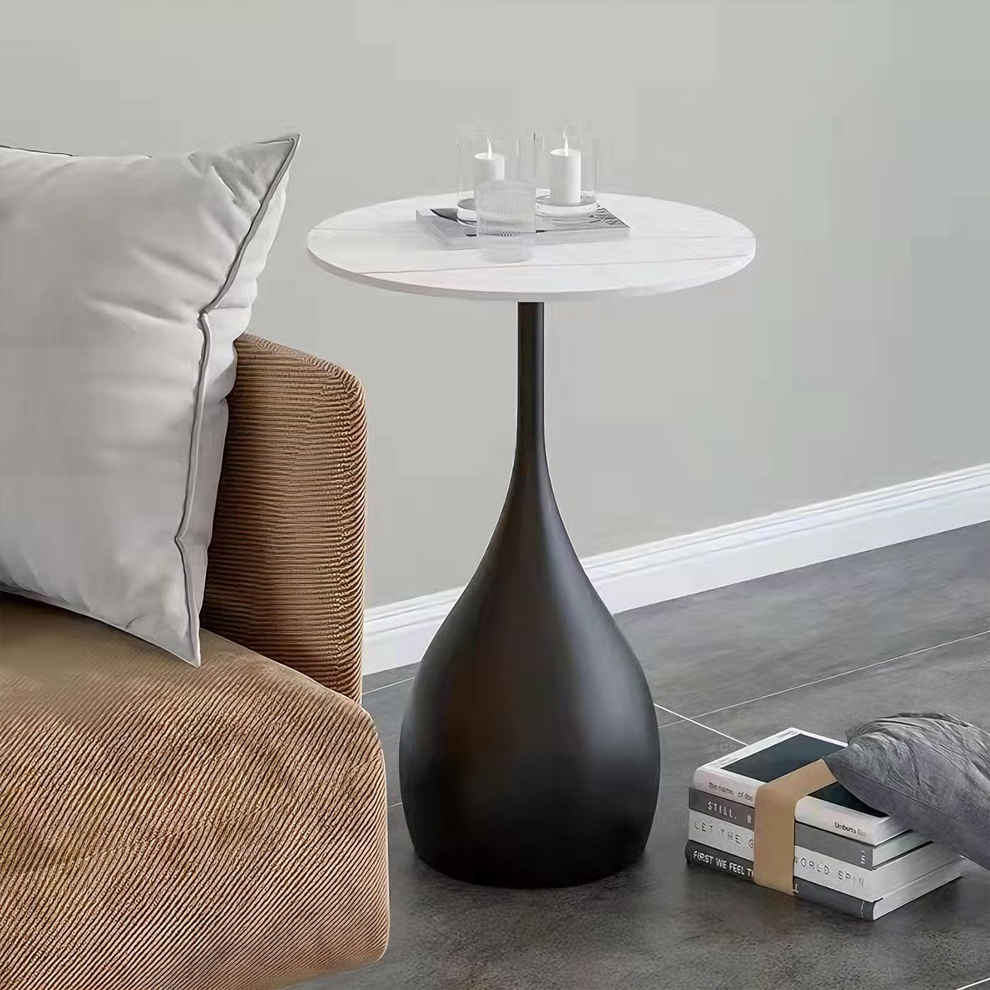 Small Side End Table with Faux Marble Tabletop, 14inch Round Coffee Table Sofa Side Table Modern End Table Accent Table with Sturdy Base Nightstand for Living Room Kitchen Balcony